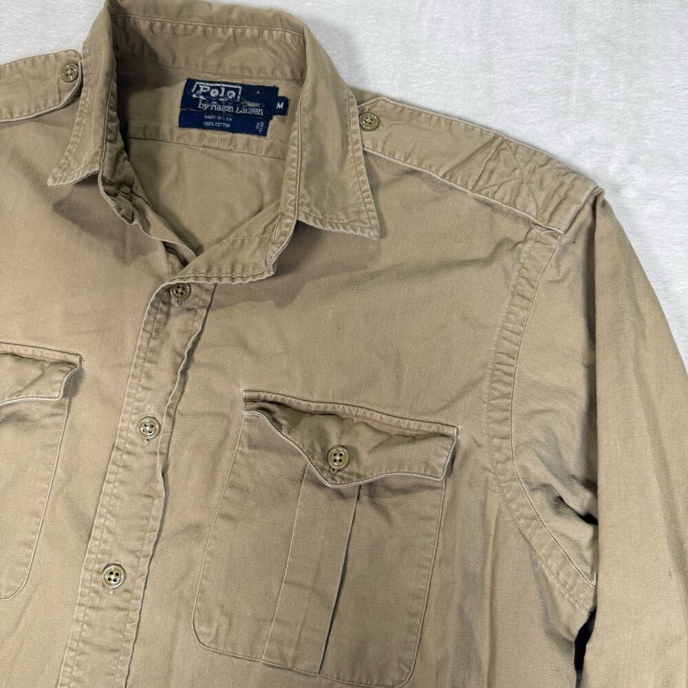 VTG Polo Ralph Lauren Safari Military Distressed Shirt Men Size M Beige USA Made - Picture 2 of 10